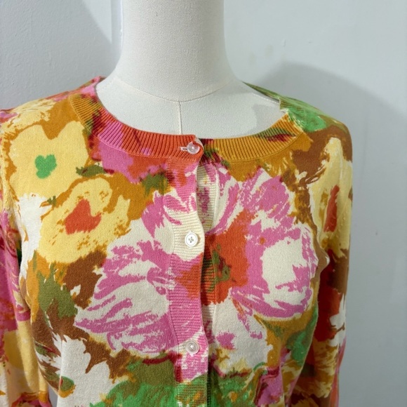 Talbots Orange Pink Green Floral Cardigan sweater 3/4 sleeve Preppy Classic Sz S - Picture 2 of 8